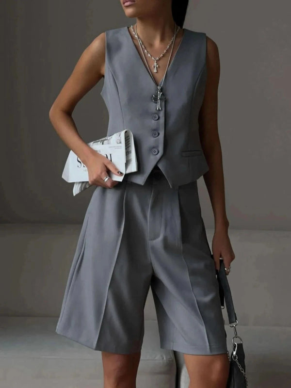 V - Neck Vest and Pants Two - Piece Blazer Set - ShalayeFashion