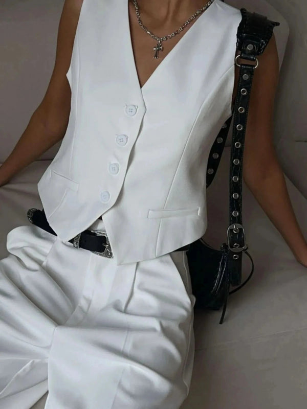 V - Neck Vest and Pants Two - Piece Blazer Set - ShalayeFashion