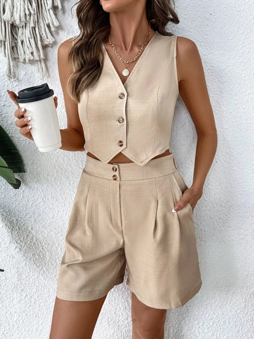 V - Neck Vest and Shorts Set - ShalayeFashion