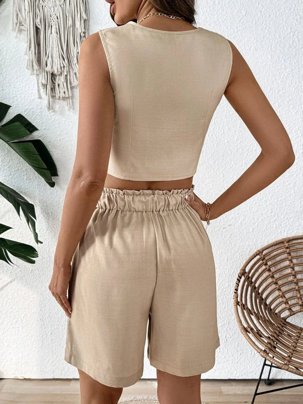 V - Neck Vest and Shorts Set - ShalayeFashion