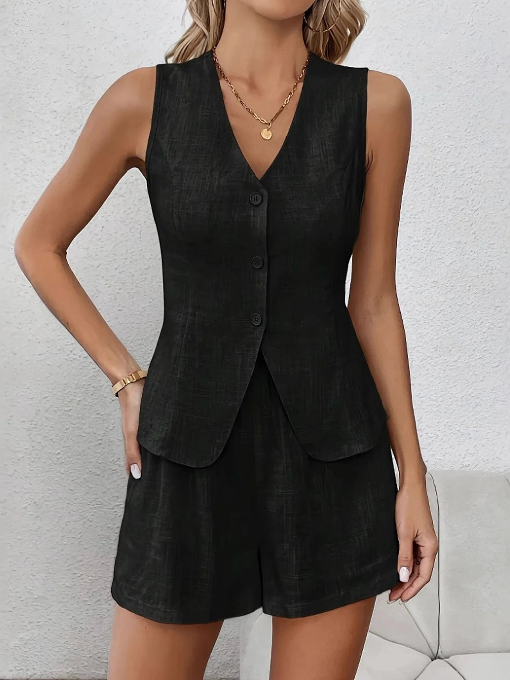 V - Neck Vest and Shorts Set - ShalayeFashion