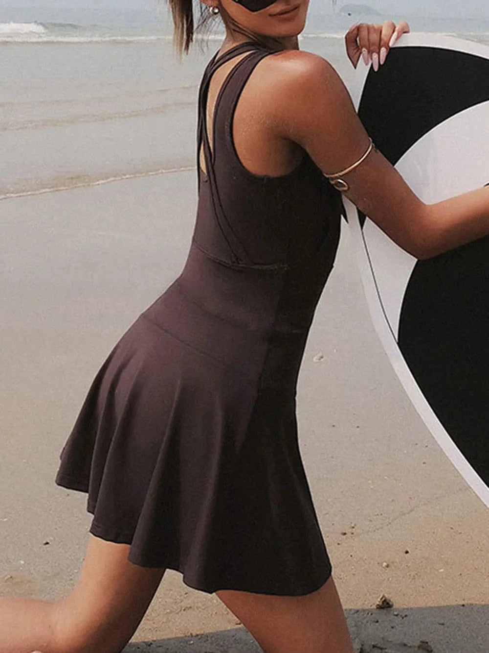 V - Neck Wide Strap Active Dress with Unitard Liner - ShalayeFashion