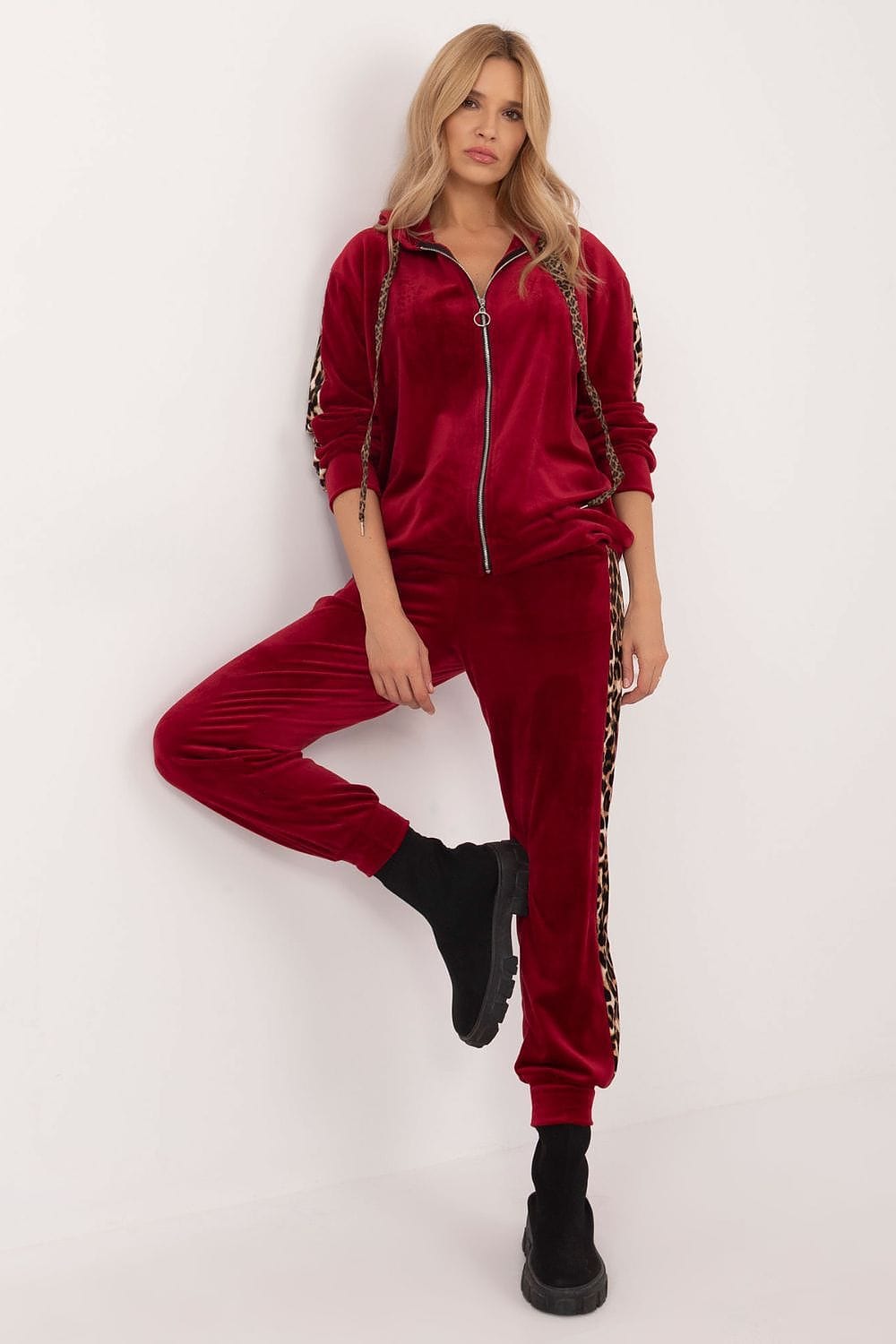 Velour Set Animal Pattern Hood Zipper - ShalayeFashion