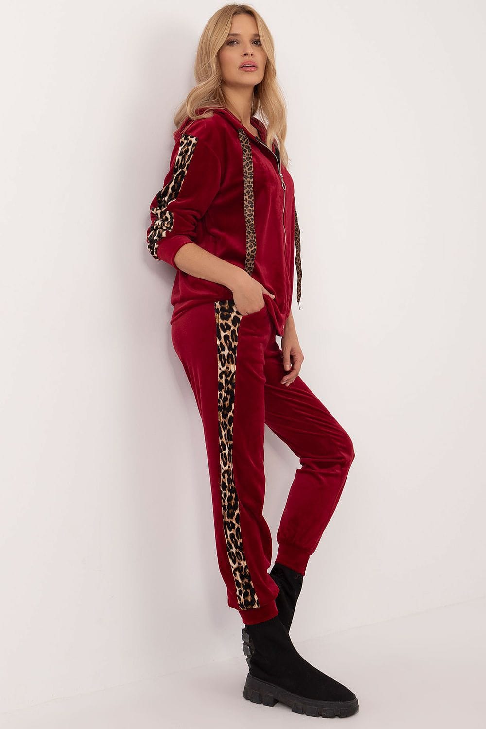 Velour Set Animal Pattern Hood Zipper - ShalayeFashion