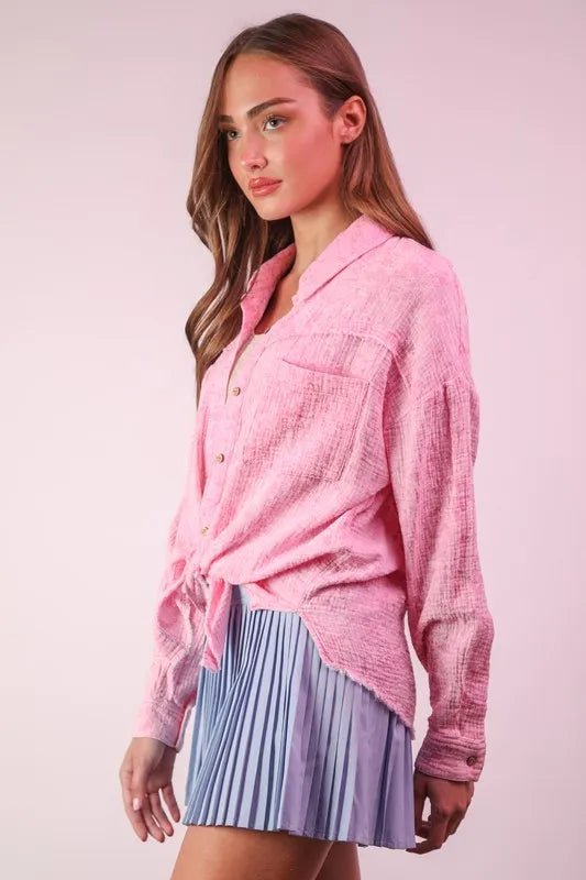 VERY J Full Size Mineral Washed Gauze Shirt Top Plus Size - ShalayeFashion