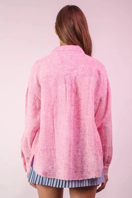 VERY J Full Size Mineral Washed Gauze Shirt Top Plus Size - ShalayeFashion