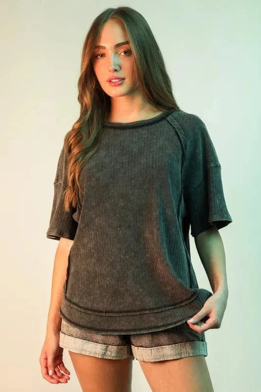 VERY J Full Size Mineral Washed Ribbed Knit Casual Top Plus Size - ShalayeFashion