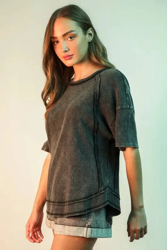 VERY J Full Size Mineral Washed Ribbed Knit Casual Top Plus Size - ShalayeFashion