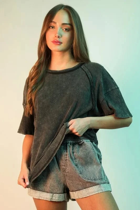VERY J Full Size Mineral Washed Ribbed Knit Casual Top Plus Size - ShalayeFashion