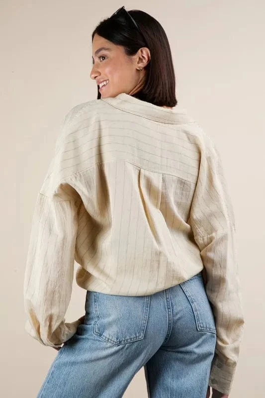VERY J Full Size Oversized Striped Button Down Shirt Top Plus Size - ShalayeFashion