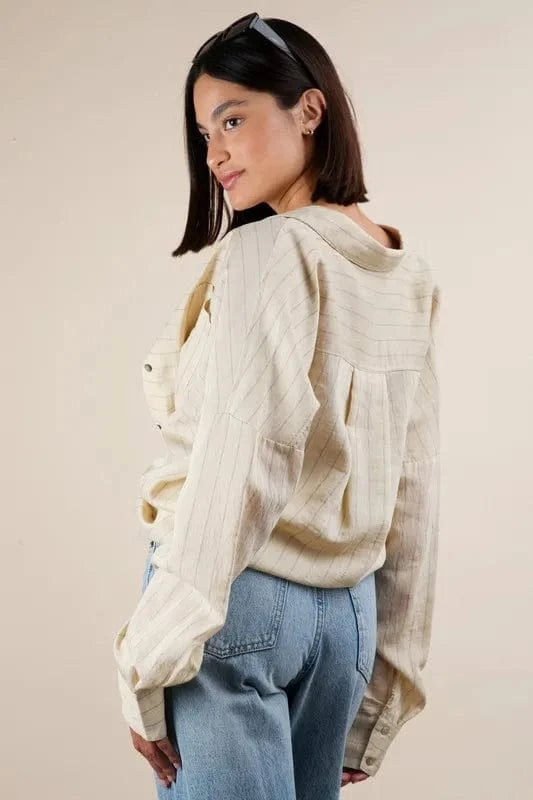 VERY J Full Size Oversized Striped Button Down Shirt Top Plus Size - ShalayeFashion