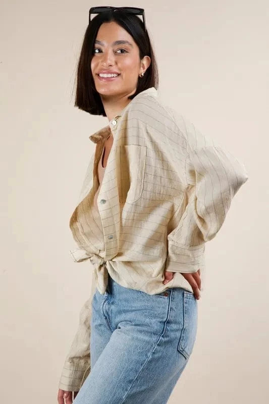 VERY J Full Size Oversized Striped Button Down Shirt Top Plus Size - ShalayeFashion