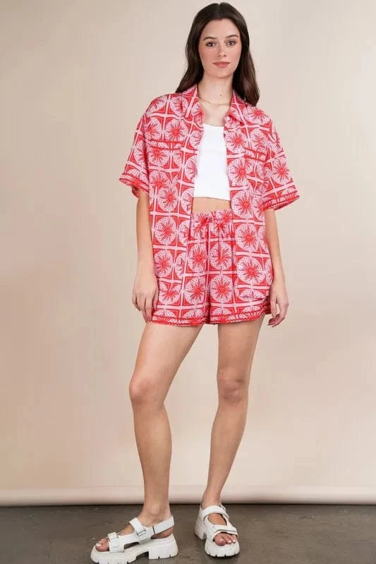VERY J Full Size Tropical Printed Shirt Top and Shorts Set Plus Size - ShalayeFashion