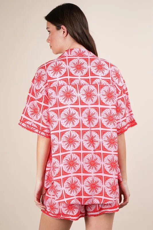 VERY J Full Size Tropical Printed Shirt Top and Shorts Set Plus Size - ShalayeFashion