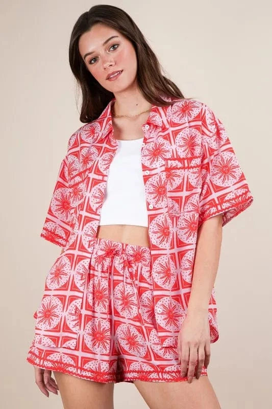 VERY J Full Size Tropical Printed Shirt Top and Shorts Set Plus Size - ShalayeFashion
