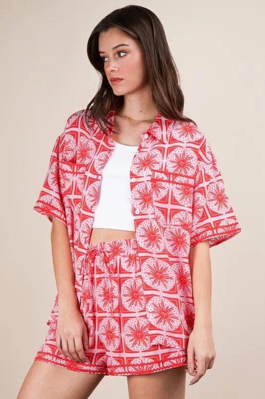 VERY J Full Size Tropical Printed Shirt Top and Shorts Set Plus Size - ShalayeFashion