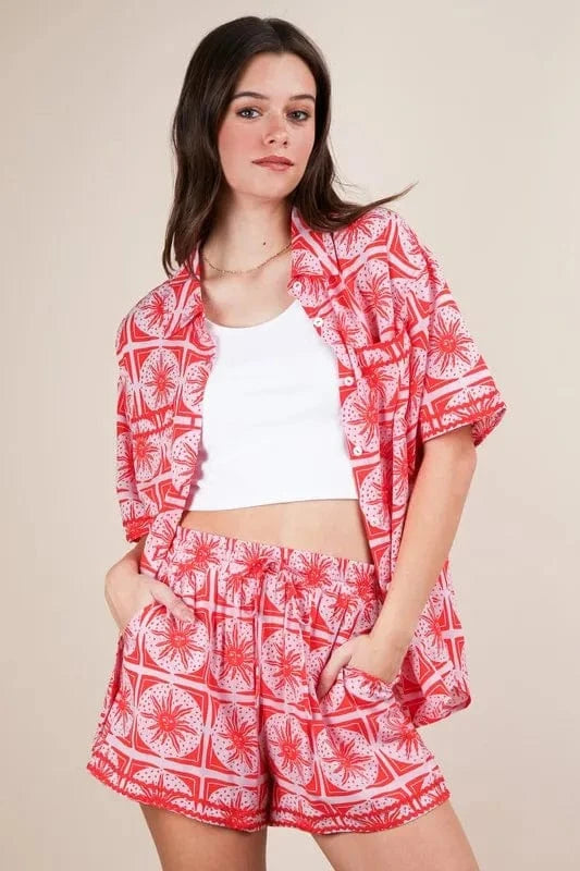 VERY J Full Size Tropical Printed Shirt Top and Shorts Set Plus Size - ShalayeFashion