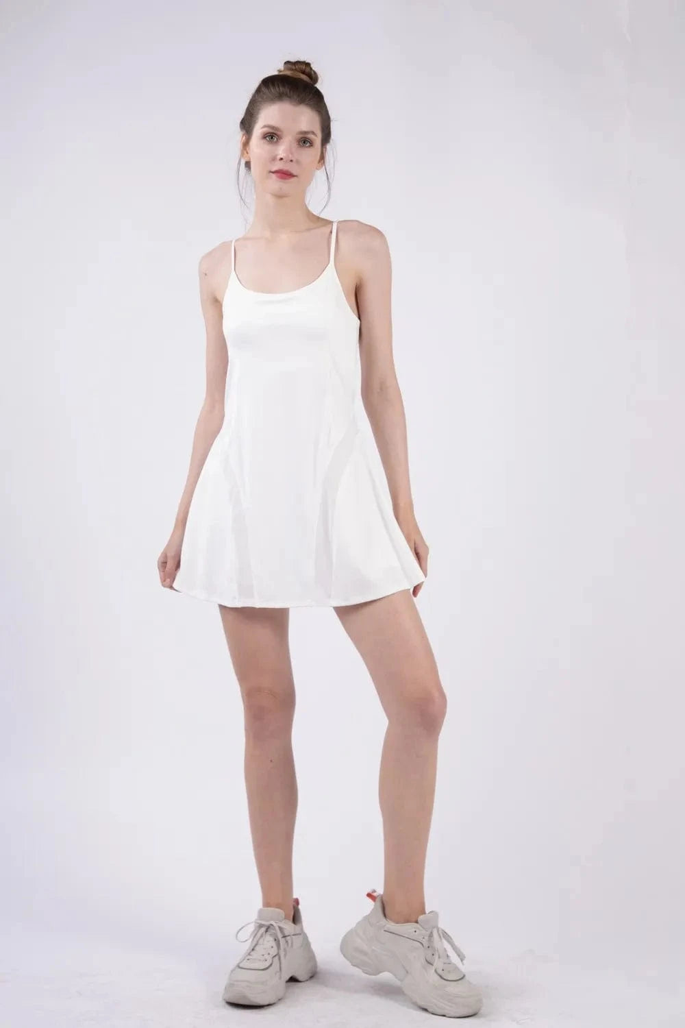 VERY J Mesh Detail Tennis Mini Active Dress with Shorts Inside - ShalayeFashion