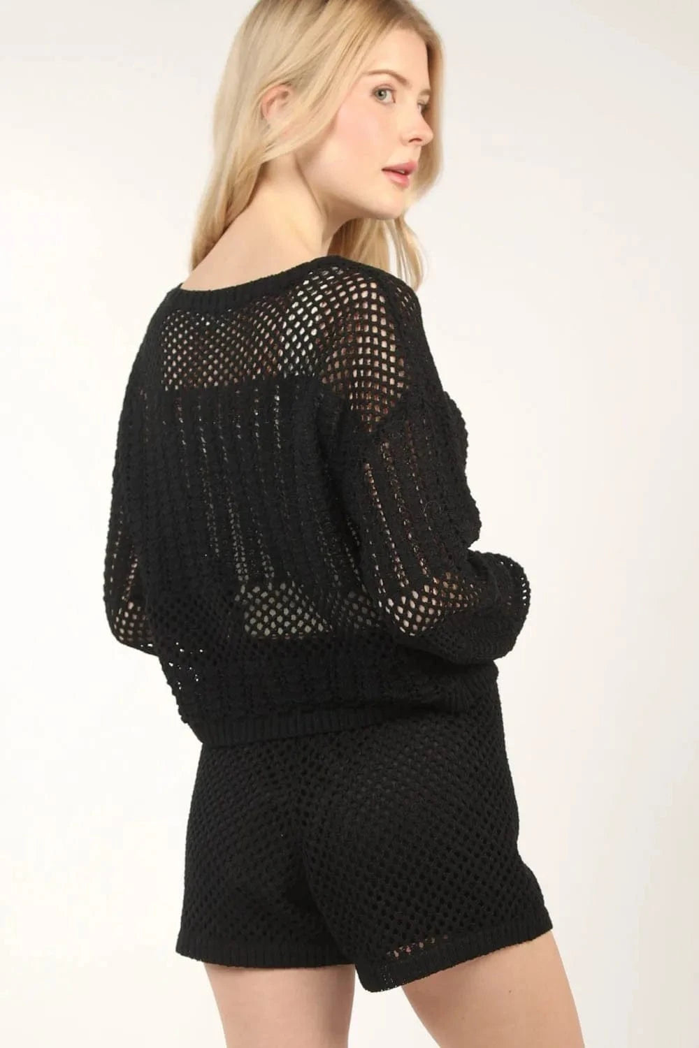 VERY J Openwork Cropped Cover Up and Shorts Set - ShalayeFashion