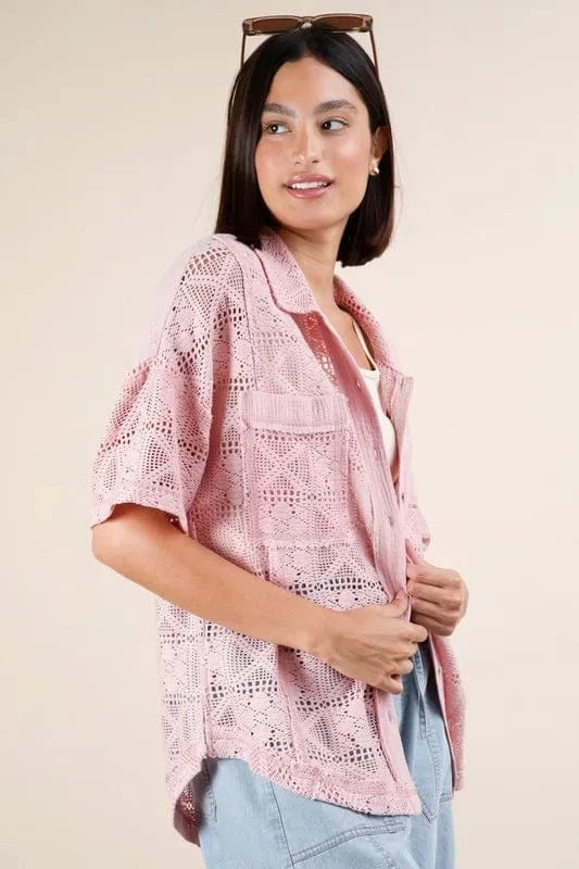 VERY J Plus Size Oversized Crochet Button Down Shirt Top - ShalayeFashion