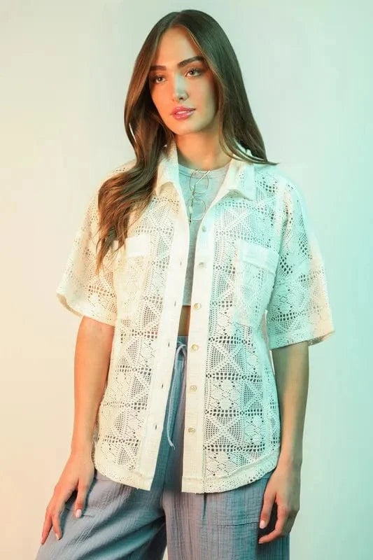 VERY J Plus Size Oversized Crochet Button Down Shirt Top - ShalayeFashion