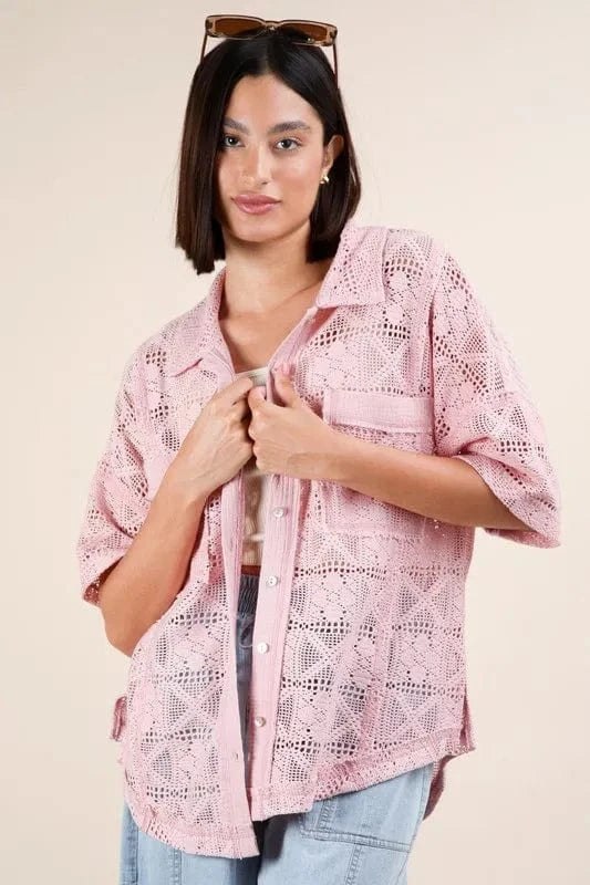 VERY J Plus Size Oversized Crochet Button Down Shirt Top - ShalayeFashion