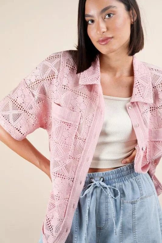 VERY J Plus Size Oversized Crochet Button Down Shirt Top - ShalayeFashion