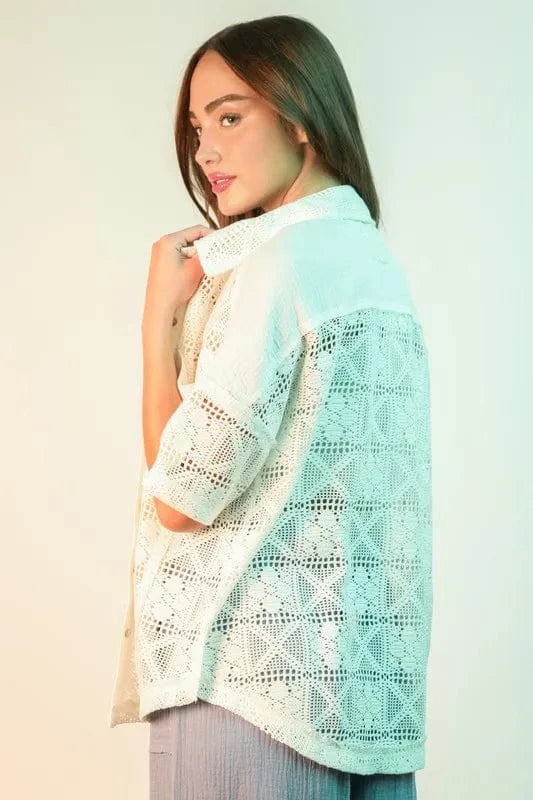VERY J Plus Size Oversized Crochet Button Down Shirt Top - ShalayeFashion