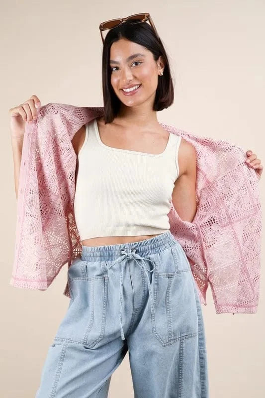 VERY J Plus Size Oversized Crochet Button Down Shirt Top - ShalayeFashion