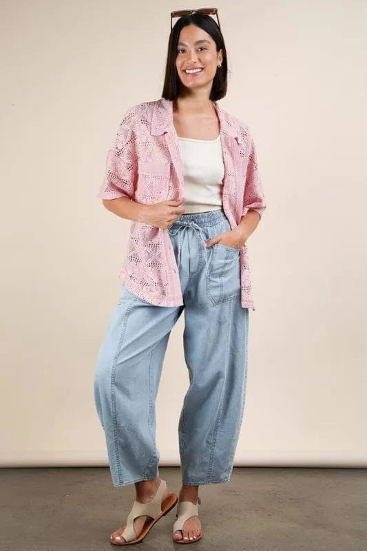 VERY J Plus Size Oversized Crochet Button Down Shirt Top - ShalayeFashion