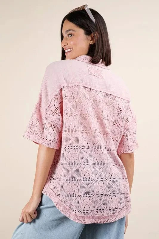 VERY J Plus Size Oversized Crochet Button Down Shirt Top - ShalayeFashion