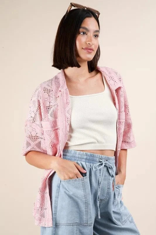 VERY J Plus Size Oversized Crochet Button Down Shirt Top - ShalayeFashion
