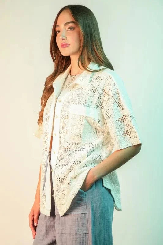 VERY J Plus Size Oversized Crochet Button Down Shirt Top - ShalayeFashion