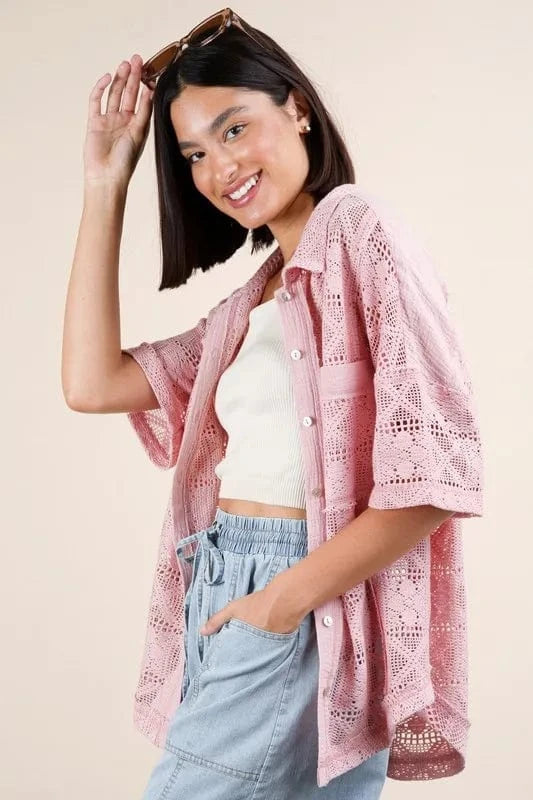 VERY J Plus Size Oversized Crochet Button Down Shirt Top - ShalayeFashion