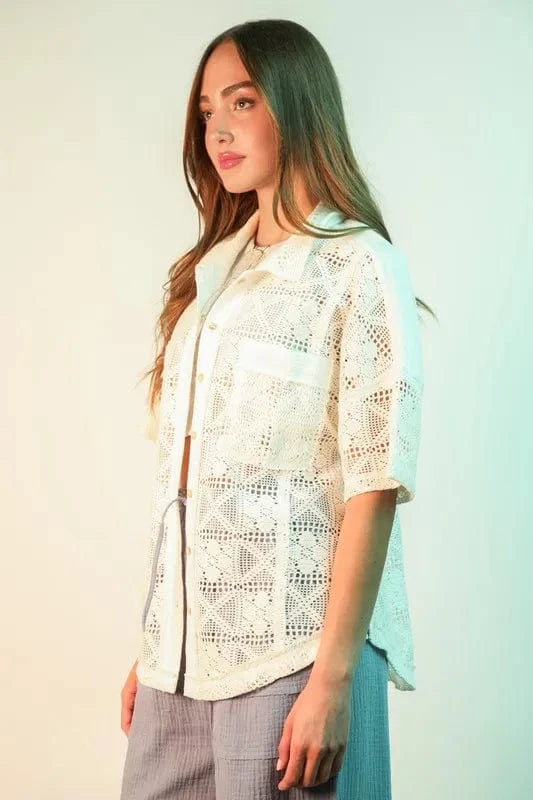 VERY J Plus Size Oversized Crochet Button Down Shirt Top - ShalayeFashion