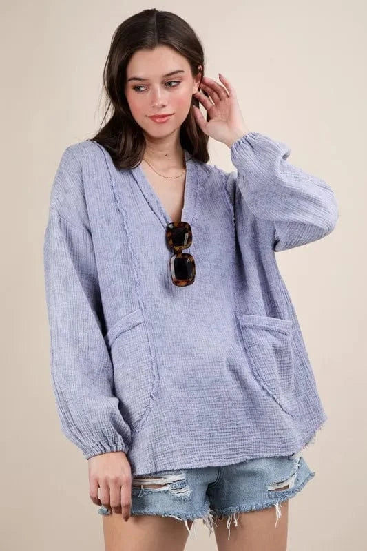 VERY J Plus Size Washed Cotton Gauze Oversized Top - ShalayeFashion