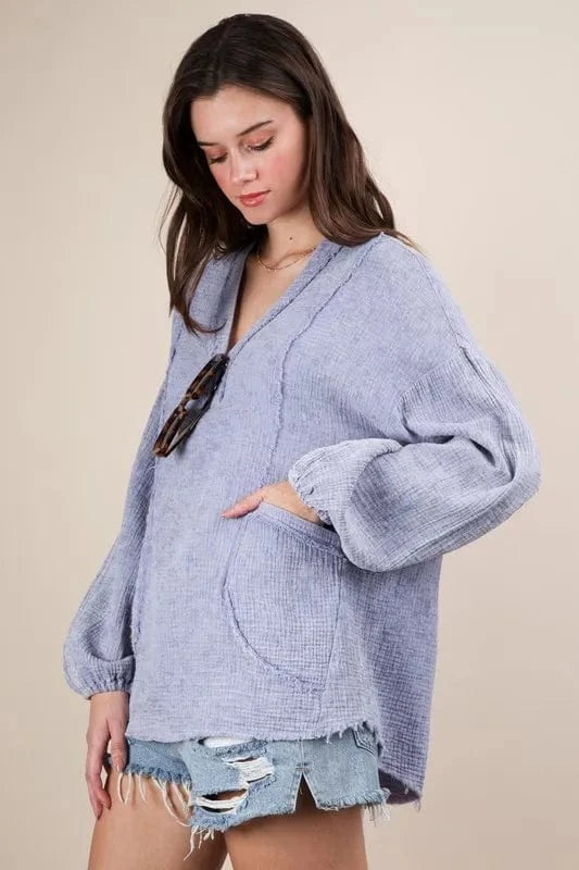 VERY J Plus Size Washed Cotton Gauze Oversized Top - ShalayeFashion