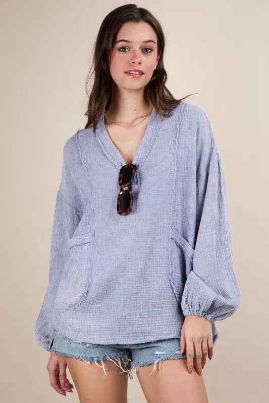 VERY J Plus Size Washed Cotton Gauze Oversized Top - ShalayeFashion