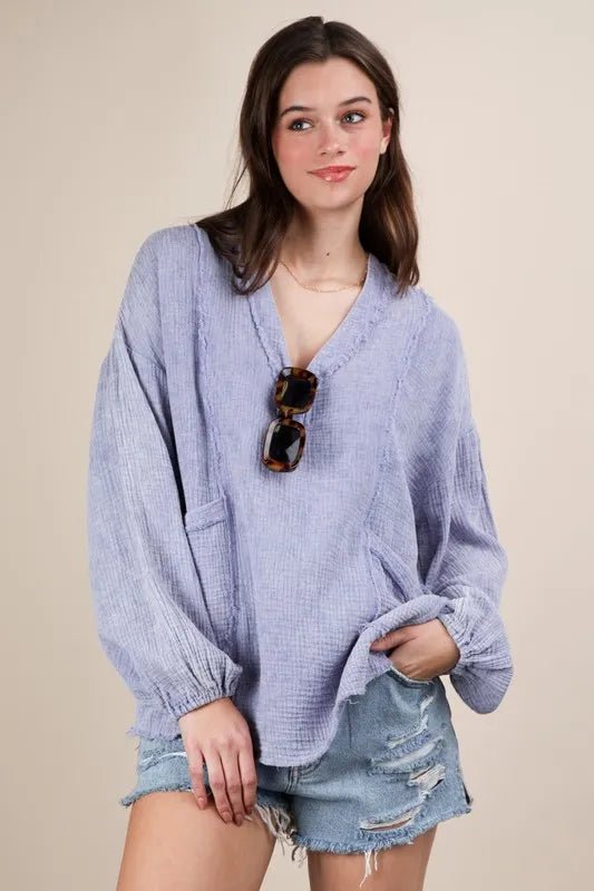 VERY J Plus Size Washed Cotton Gauze Oversized Top - ShalayeFashion