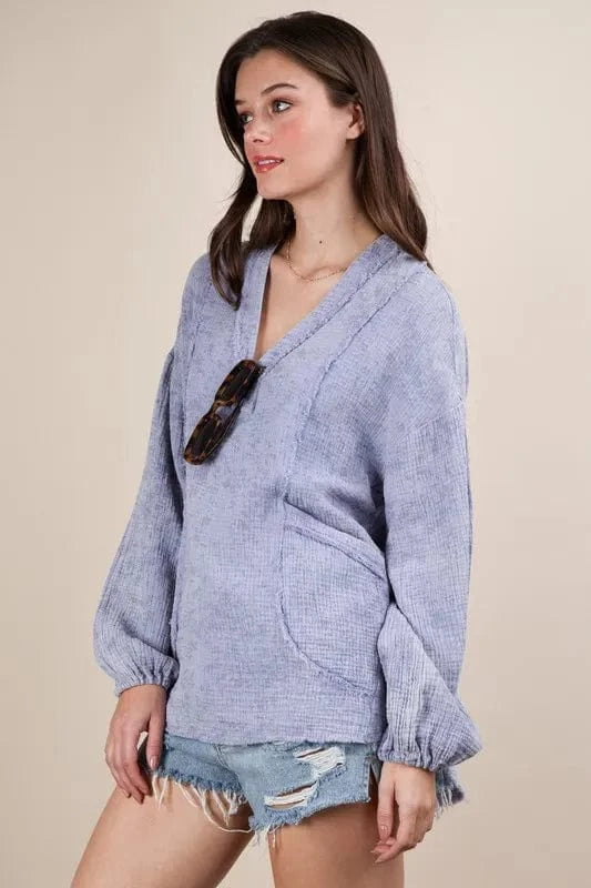 VERY J Plus Size Washed Cotton Gauze Oversized Top - ShalayeFashion