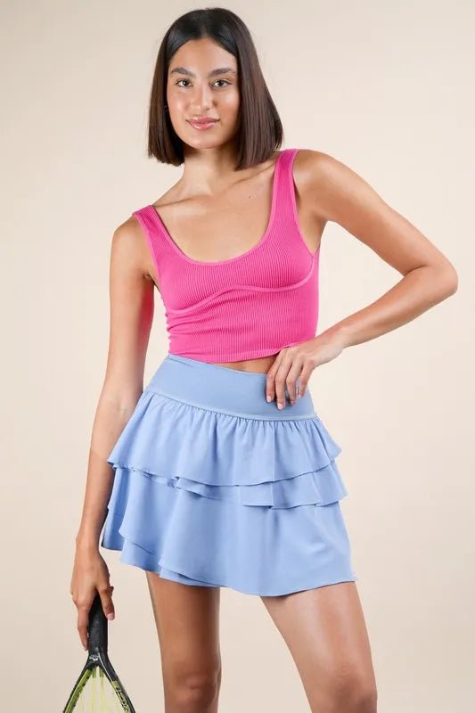 VERY J Riffled Tiered Layers Activewear Skirt with Shorts - ShalayeFashion