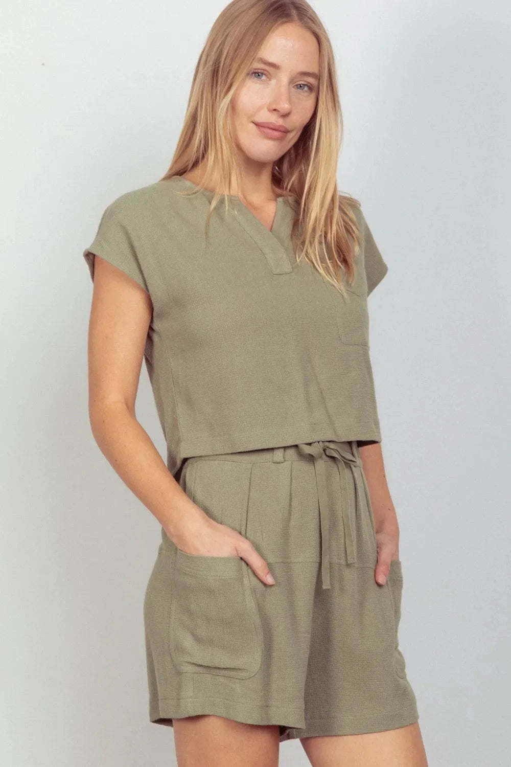 VERY J Woven Cropped Top & Waist Tie Shorts Set - ShalayeFashion
