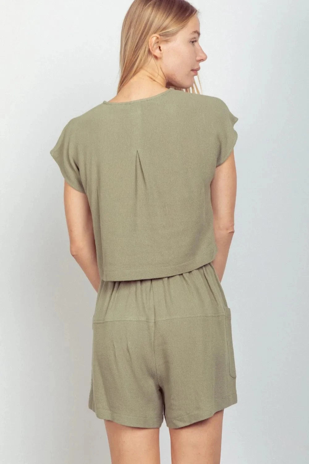 VERY J Woven Cropped Top & Waist Tie Shorts Set - ShalayeFashion