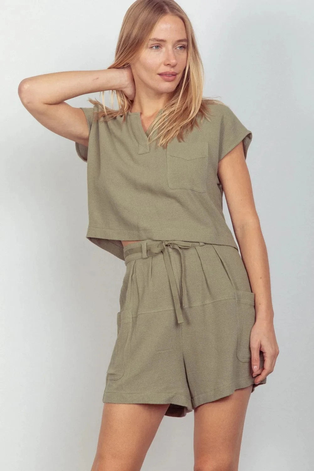 VERY J Woven Cropped Top & Waist Tie Shorts Set - ShalayeFashion