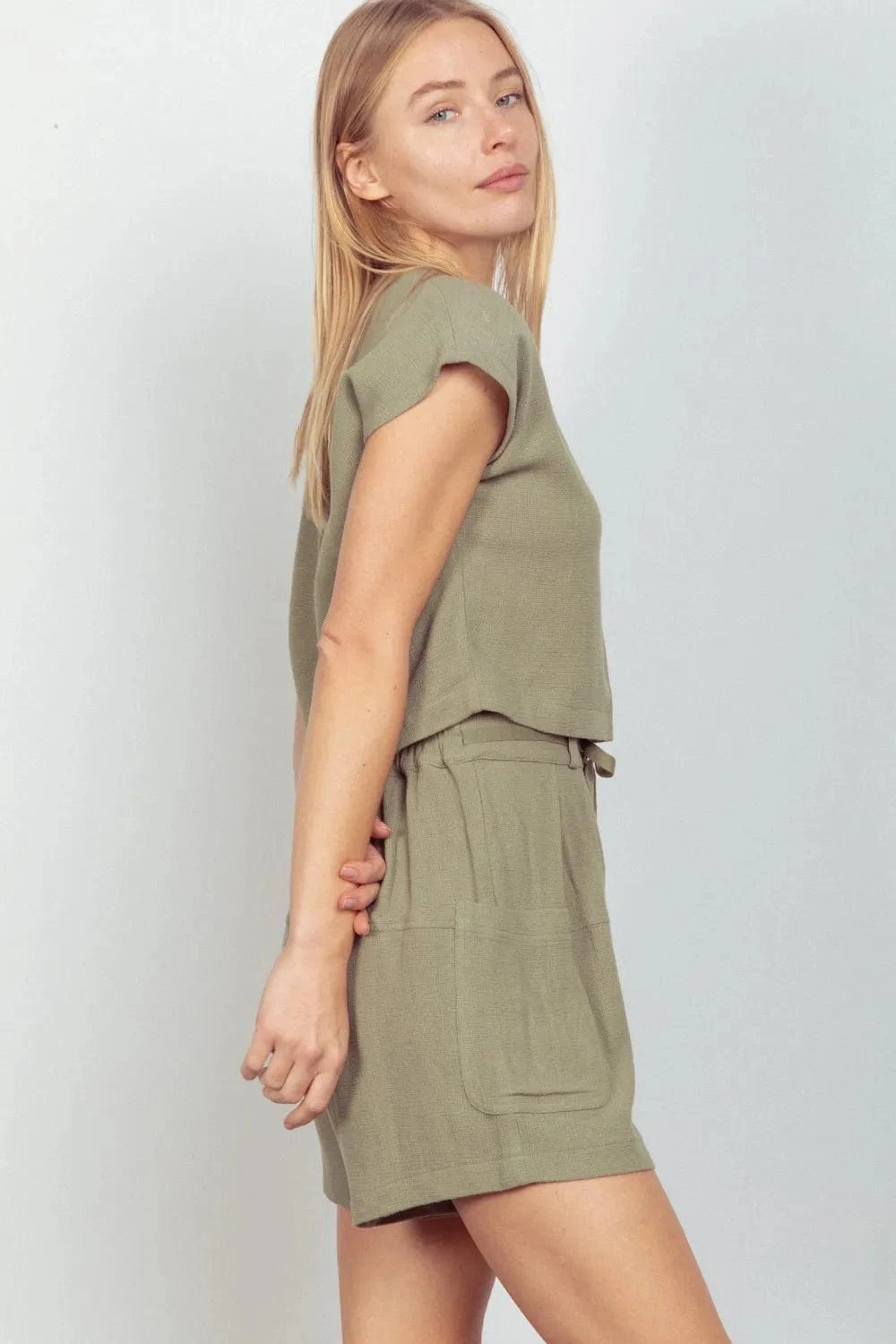 VERY J Woven Cropped Top & Waist Tie Shorts Set - ShalayeFashion