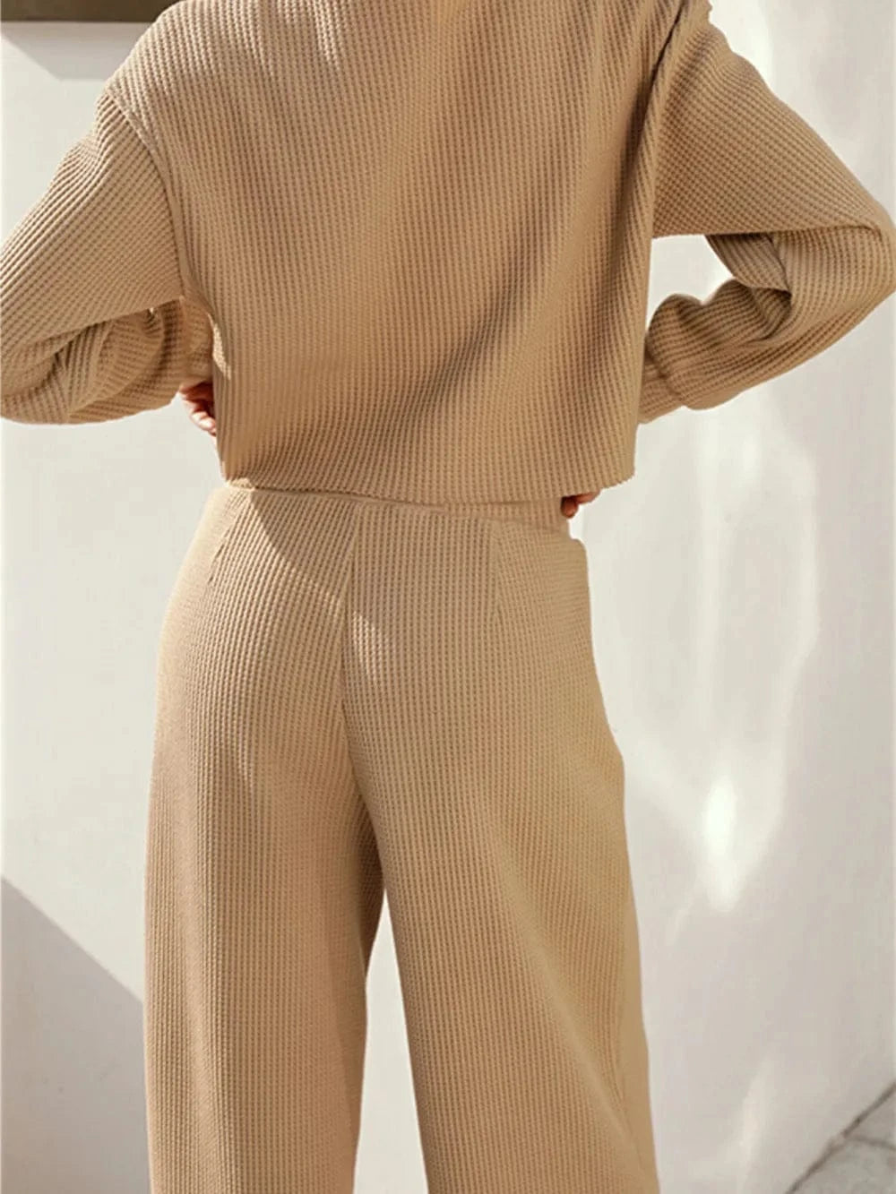 Waffle - Knit Round Neck Top and Pants Set - ShalayeFashion