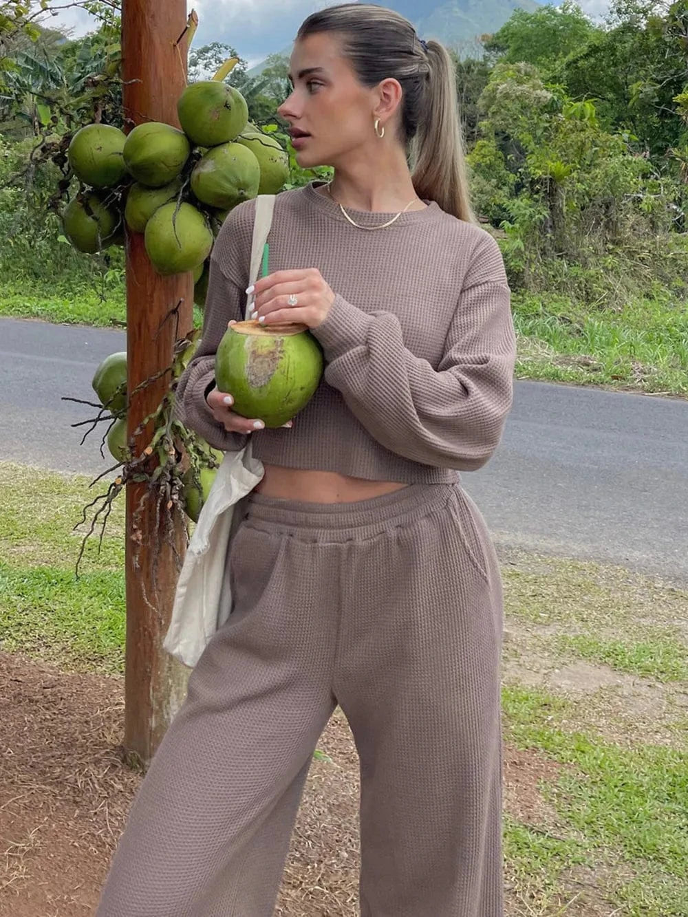 Waffle - Knit Round Neck Top and Pants Set - ShalayeFashion