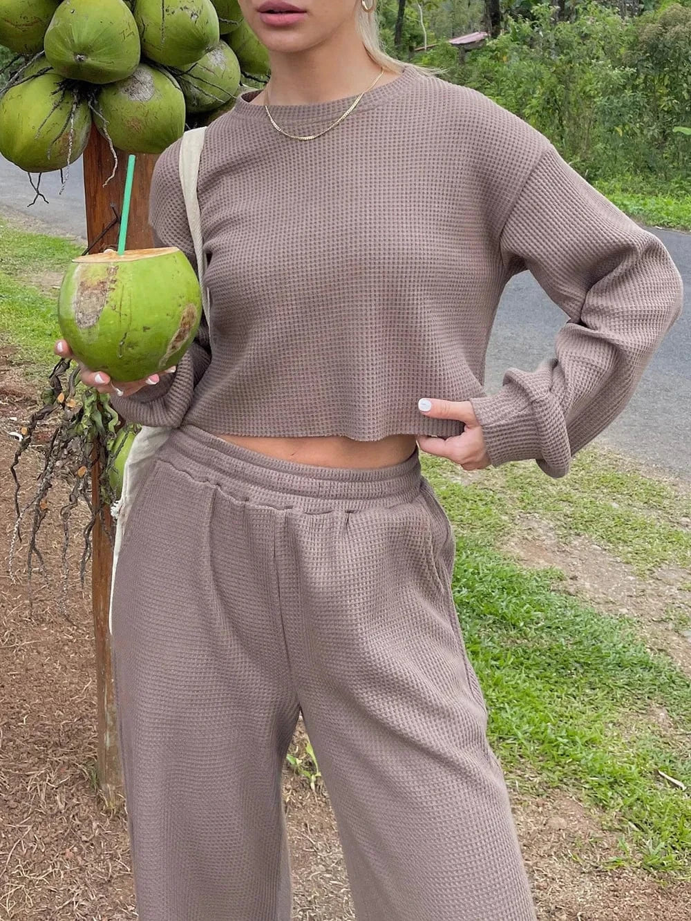 Waffle - Knit Round Neck Top and Pants Set - ShalayeFashion