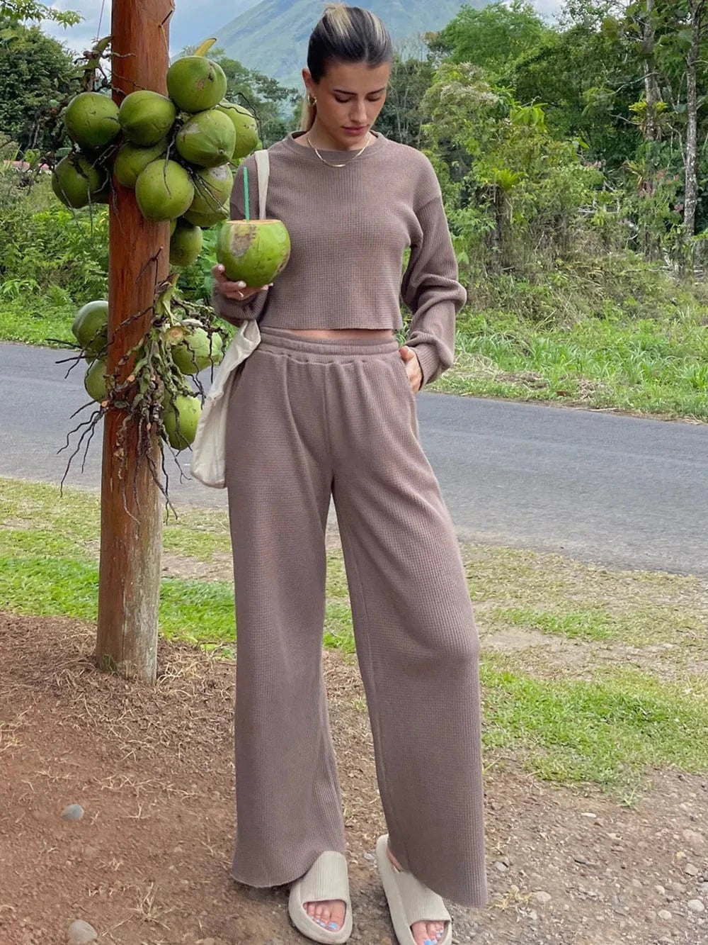 Waffle - Knit Round Neck Top and Pants Set - ShalayeFashion