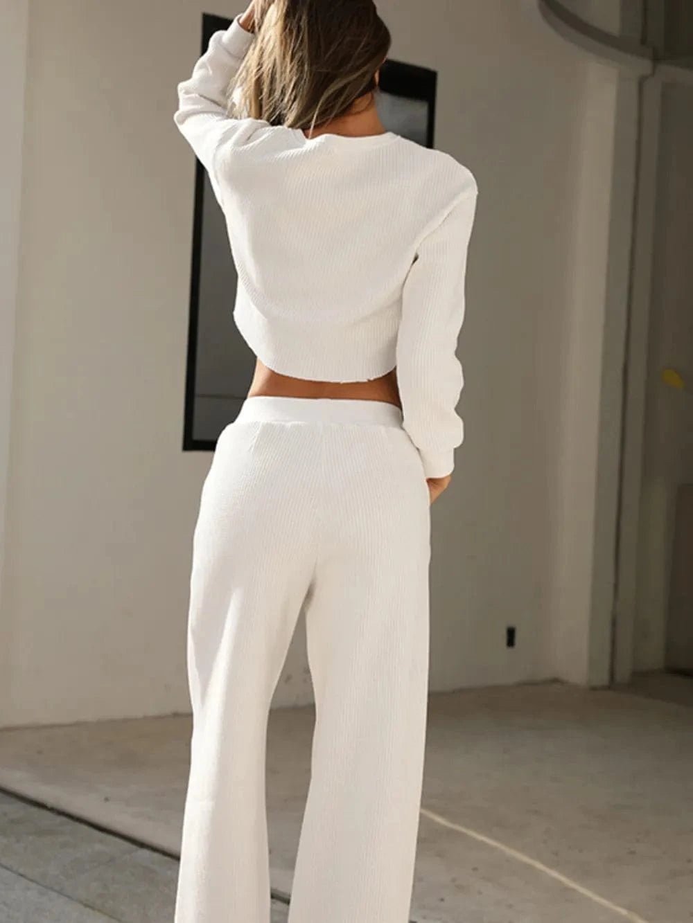 Waffle - Knit Round Neck Top and Pants Set - ShalayeFashion